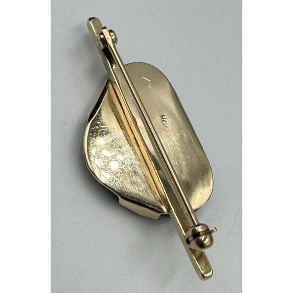 Vintage 14k Yellow Gold Polished Natural Shape Jade Brooch Pin Estate Jewelry - Picture 6 of 12